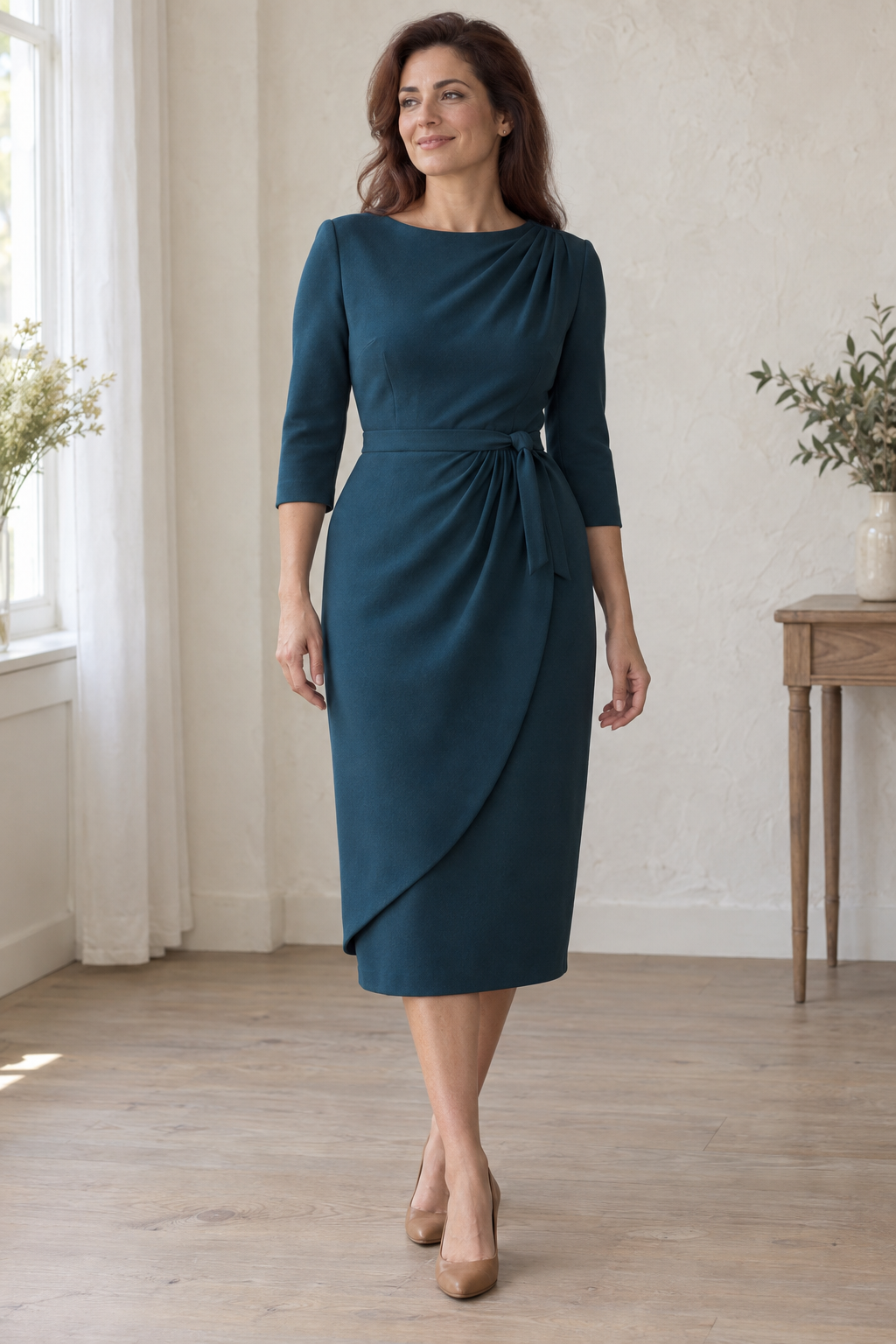 Adult woman wearing a deep petrol draped sheath with left shoulder pleats and curved front overlay