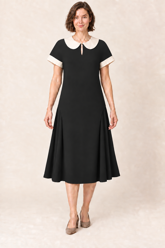 AI design concept: black round-collar side-panel dress with ivory sleeve bands, front.