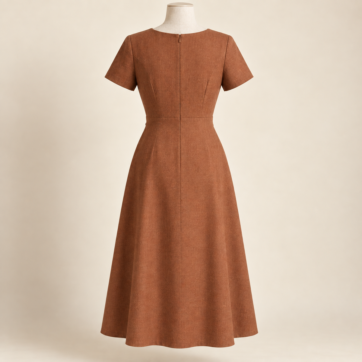 AI concept back view of cinnamon side-tie dress showing closed back, waist seam and concealed centre-back zipper