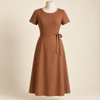 AI concept front view of cinnamon woven midi dress with short sleeves, closed front and side waist ties
