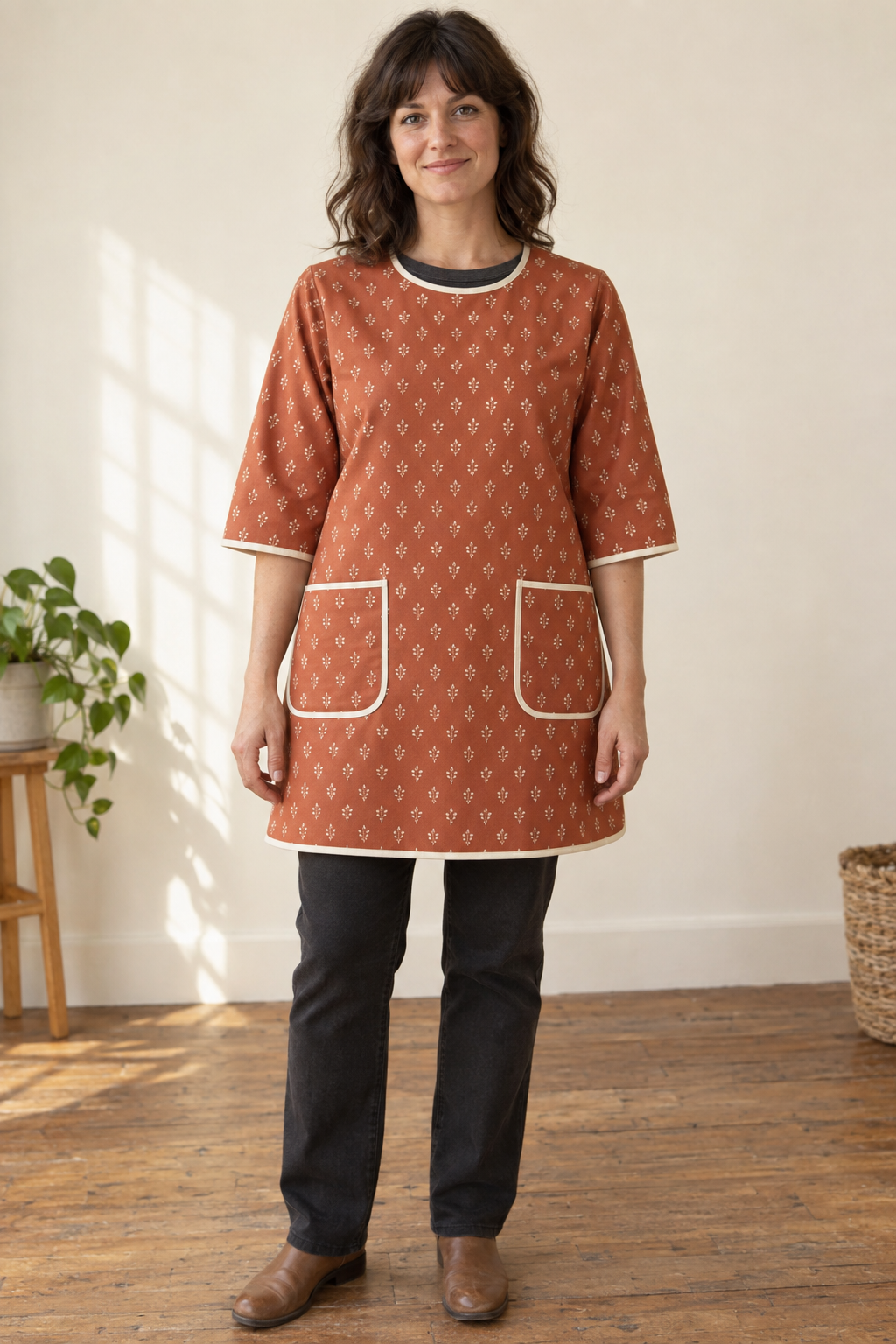 Rust sprig-print sleeved smock apron with two bound patch pockets on a woman