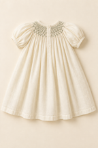 AI concept back view of a smocked bishop baby dress with a short three-button opening
