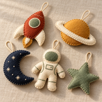 Angled view of hand-stitched felt space ornaments in rust, ochre, ivory, navy and sage.
