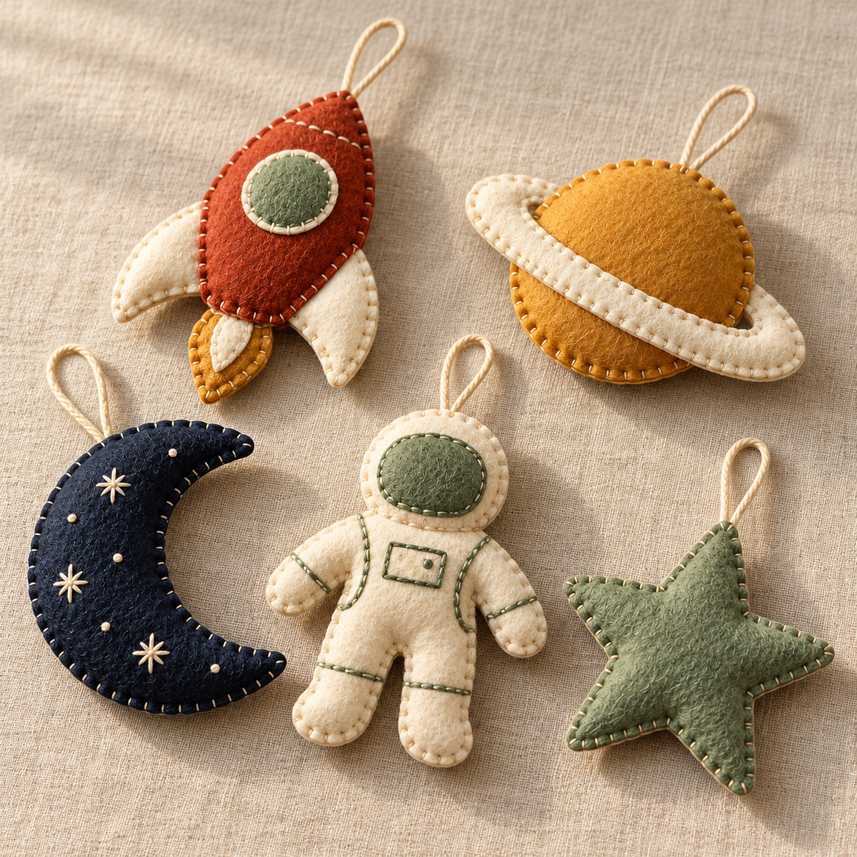 Angled view of hand-stitched felt space ornaments in rust, ochre, ivory, navy and sage.
