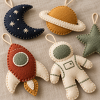 Close detail of felt rocket and astronaut ornaments showing applique and blanket stitching.