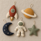 Five felt space ornaments featuring a rocket, ringed planet, crescent moon, astronaut and star.