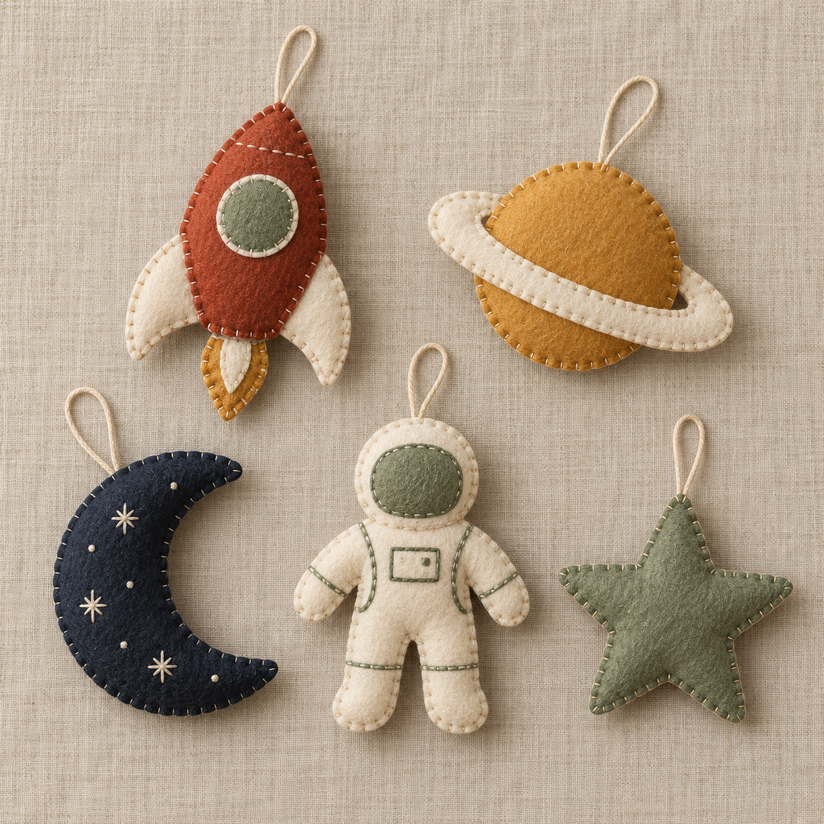 Five felt space ornaments featuring a rocket, ringed planet, crescent moon, astronaut and star.