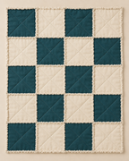 Design preview: teal and ivory square block rag quilt with four columns and five rows, exposed clipped seams and X quilting, flat front view
