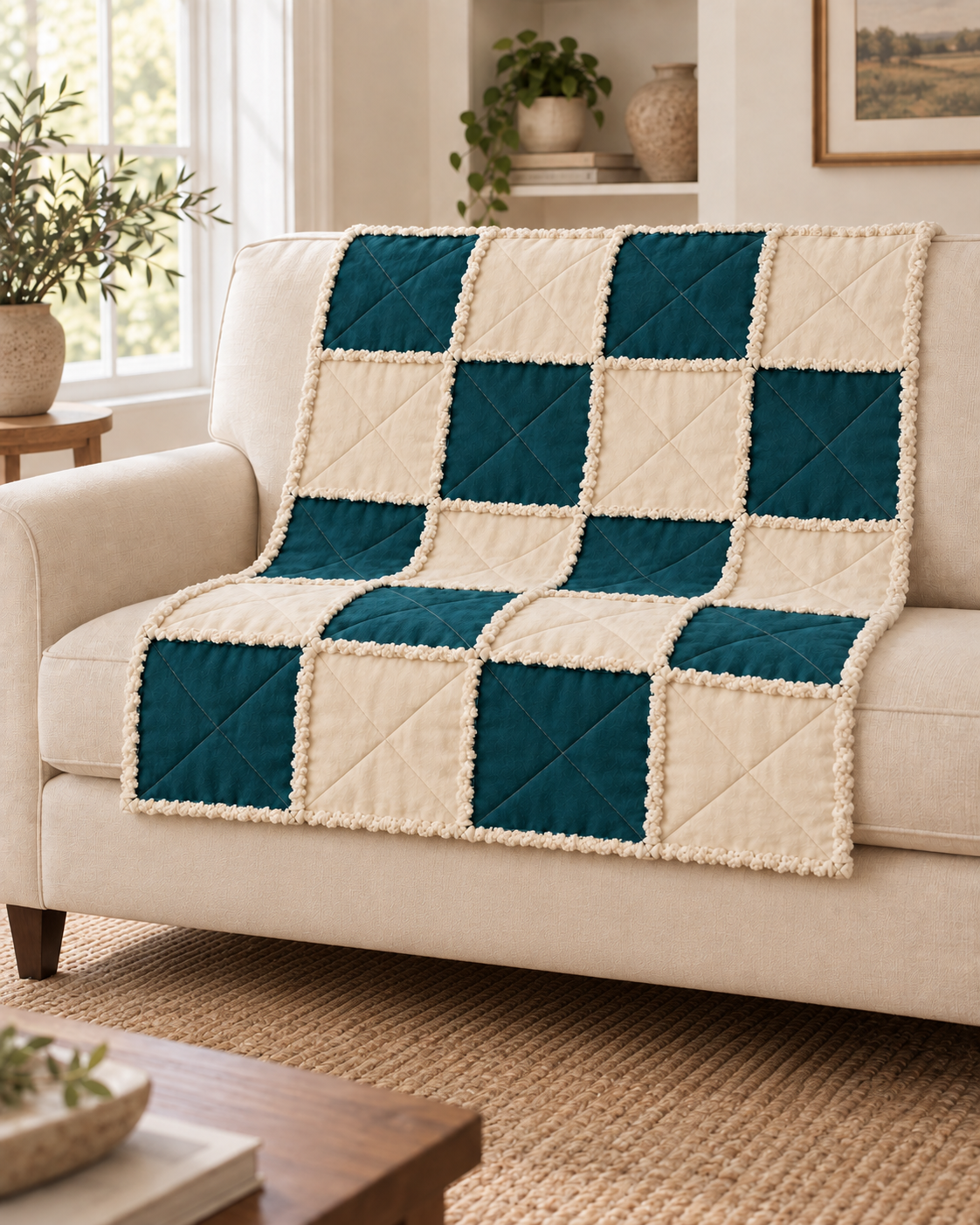 Design preview: same teal and ivory twenty-block rag quilt draped over an ivory sofa, with clipped front seams and ragged perimeter