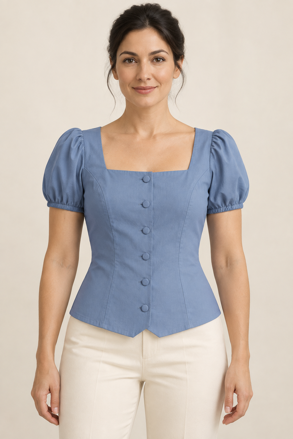 AI design preview: dusty cornflower square-neck puff-sleeve blouse with six buttons and shaped front hem