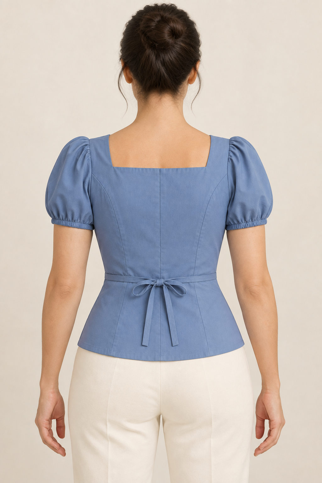 AI design preview: cornflower blouse back with square neckline, shaping seams and optional narrow waist ties