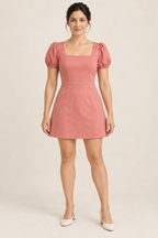 AI design preview: coral square-neck puff-sleeve mini dress with closed front, shaped waist and A-line skirt