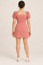 AI design preview: coral mini dress back with closed square neckline, waist seam and smooth panelled skirt