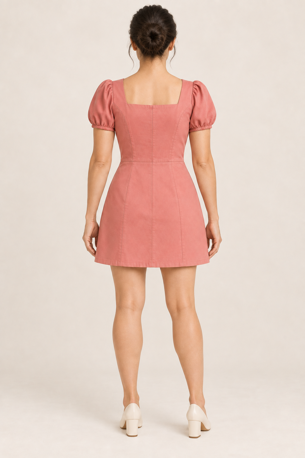 AI design preview: coral mini dress back with closed square neckline, waist seam and smooth panelled skirt