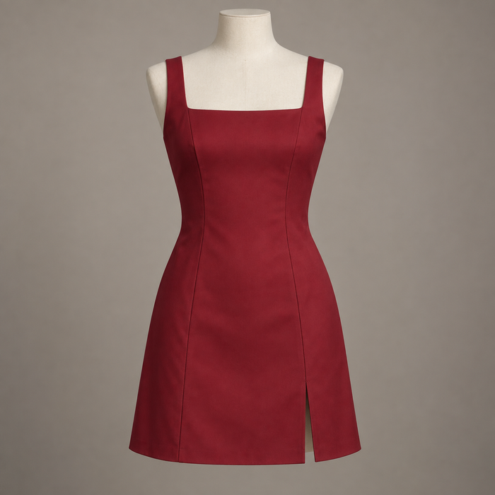 AI design preview: berry-red square-neck mini dress with broad straps, princess seams and a short front-side slit