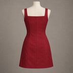 AI design preview: berry-red panel mini dress rear with square back, center zipper and uninterrupted hem