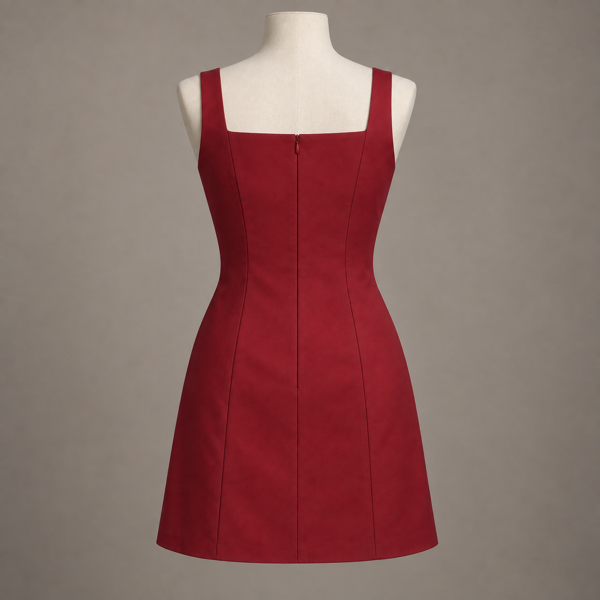 AI design preview: berry-red panel mini dress rear with square back, center zipper and uninterrupted hem