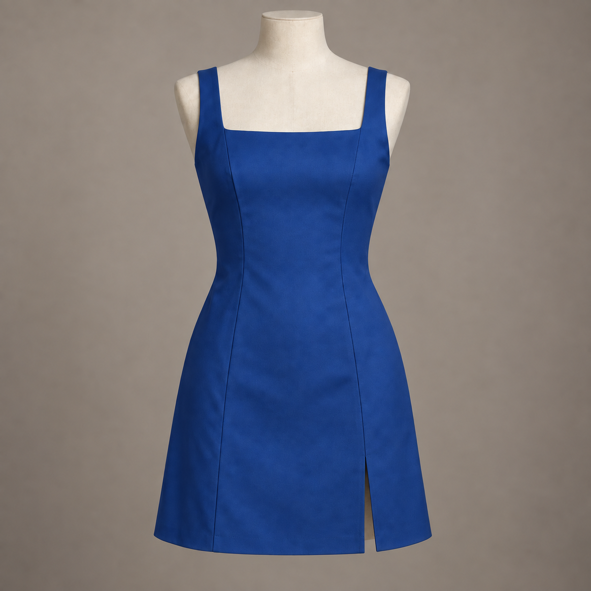 AI design preview: same square-neck slit mini dress in cobalt blue with continuous front panels