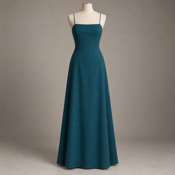 AI design preview: peacock-teal straight-neck maxi dress with narrow straps and four long front waist darts