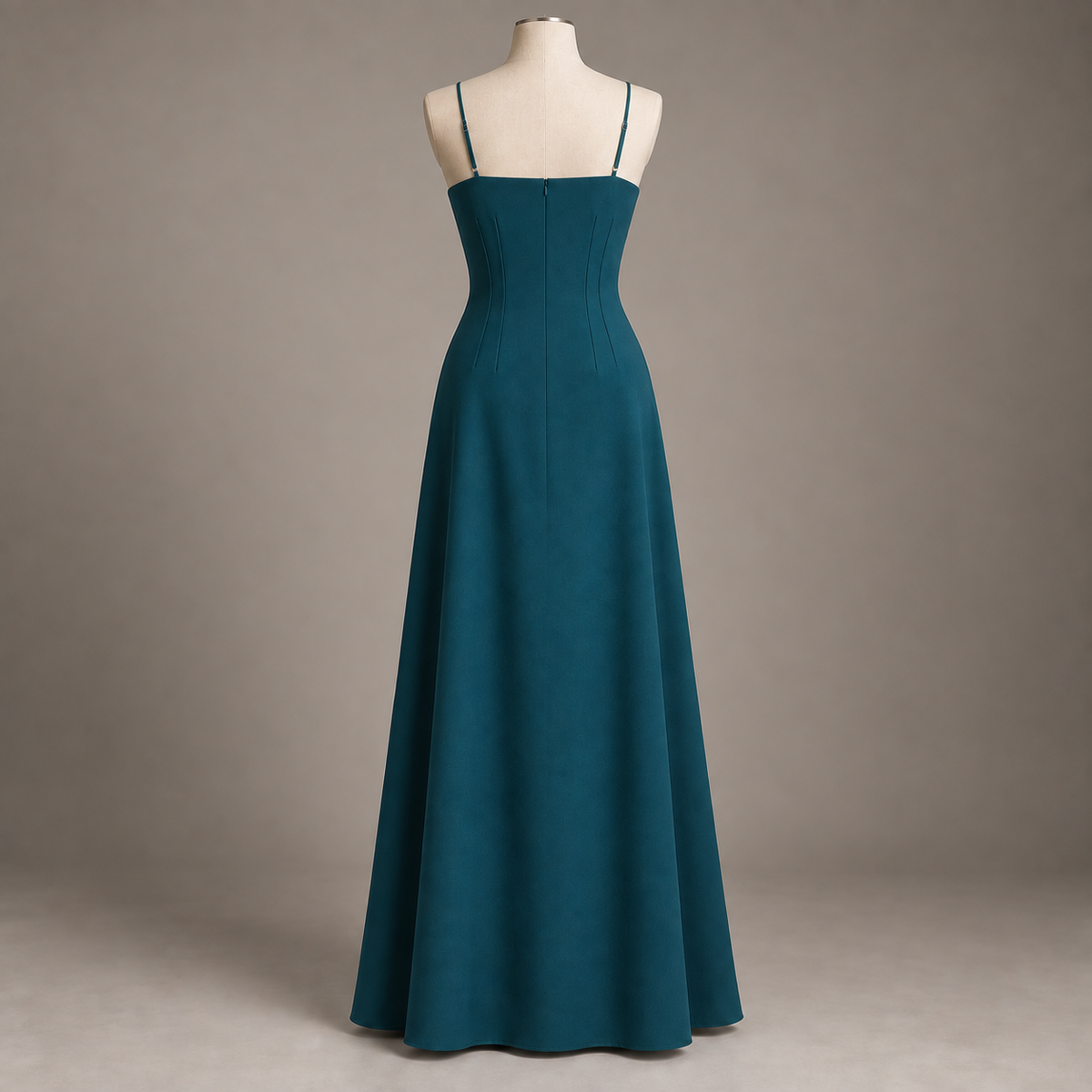 AI design preview: teal darted maxi dress back with adjustable straps, center zipper and long waist darts