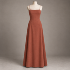 AI design preview: same straight-neck darted A-line maxi dress in muted terracotta, front