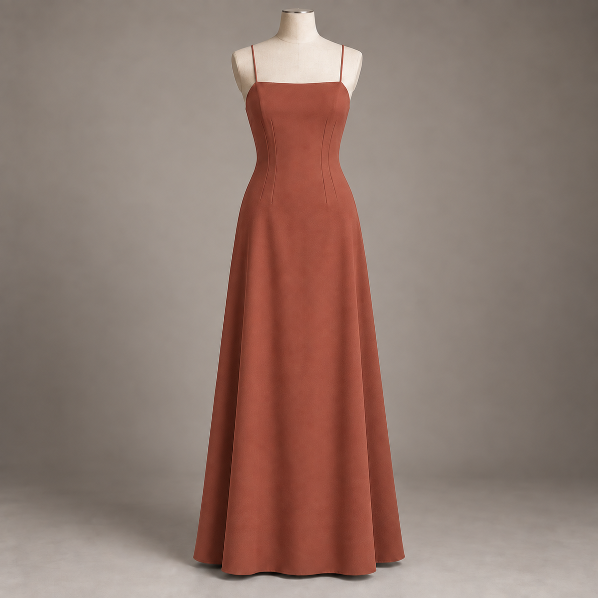AI design preview: same straight-neck darted A-line maxi dress in muted terracotta, front