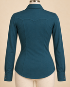 AI concept back view of teal stretch Western show shirt with pointed yoke, shaping seams and shirt hem.