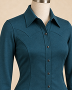 AI concept detail of stretch Western show shirt stable collar, dark snaps and topstitched front yoke.