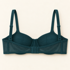 AI concept rear view of teal balconette bra showing powernet back wings, adjustable straps and hook closure