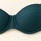 AI concept close-up of teal balconette cup seams, centre gore and stitched underwire channel