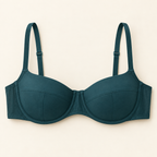 AI concept front view of teal balconette bra with three-piece cups, underwire channels and a stable cradle