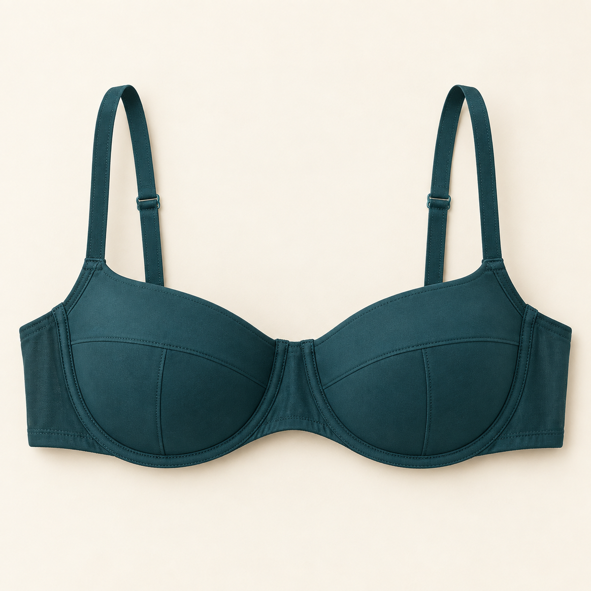 AI concept front view of teal balconette bra with three-piece cups, underwire channels and a stable cradle
