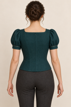 AI design preview: dark teal princess bodice back with shaped seams, center zipper, square neckline and level hem