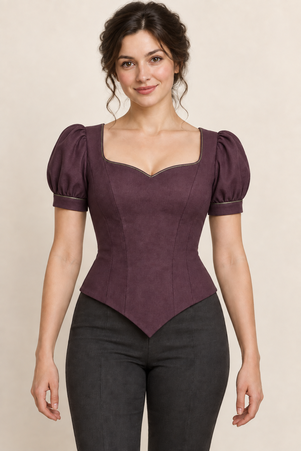 AI design preview: muted mulberry sweetheart princess bodice showing the same puff sleeves and pointed front hem