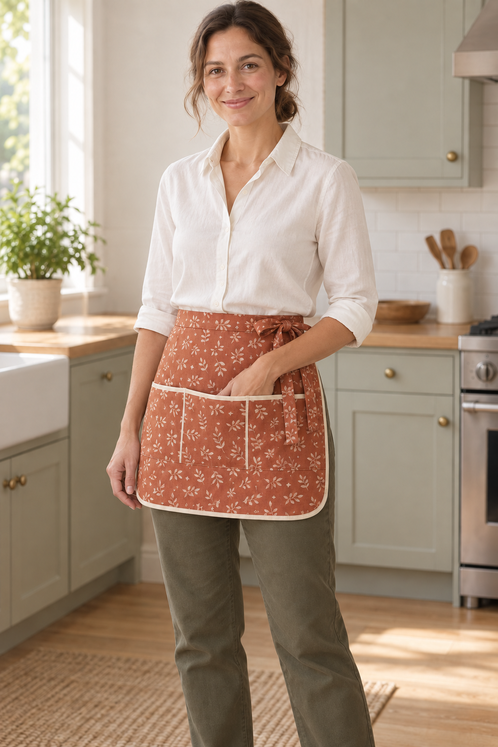 Design preview: adult woman placing a hand in the center pocket of the same three-pocket terracotta half apron.