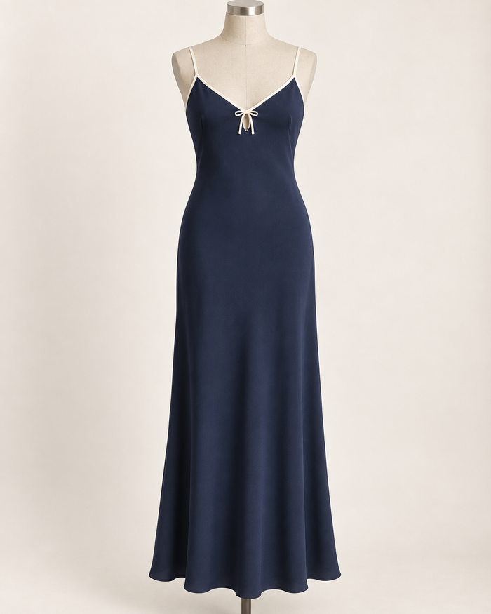 AI preview: ink-blue bias slip dress with ivory-bound V neckline, narrow straps and a small tied keyhole.
