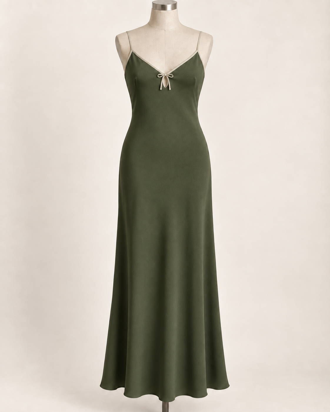 AI preview: deep-olive color option of the same long tied-keyhole slip dress with light oat edging.