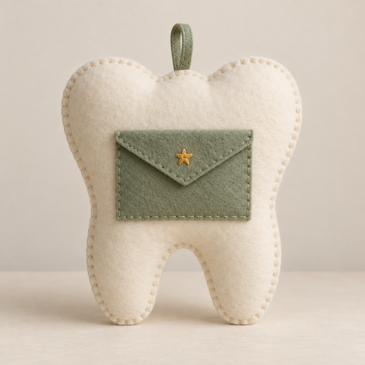Ivory felt tooth fairy pillow with a sage envelope pocket, embroidered ochre star and hanging loop