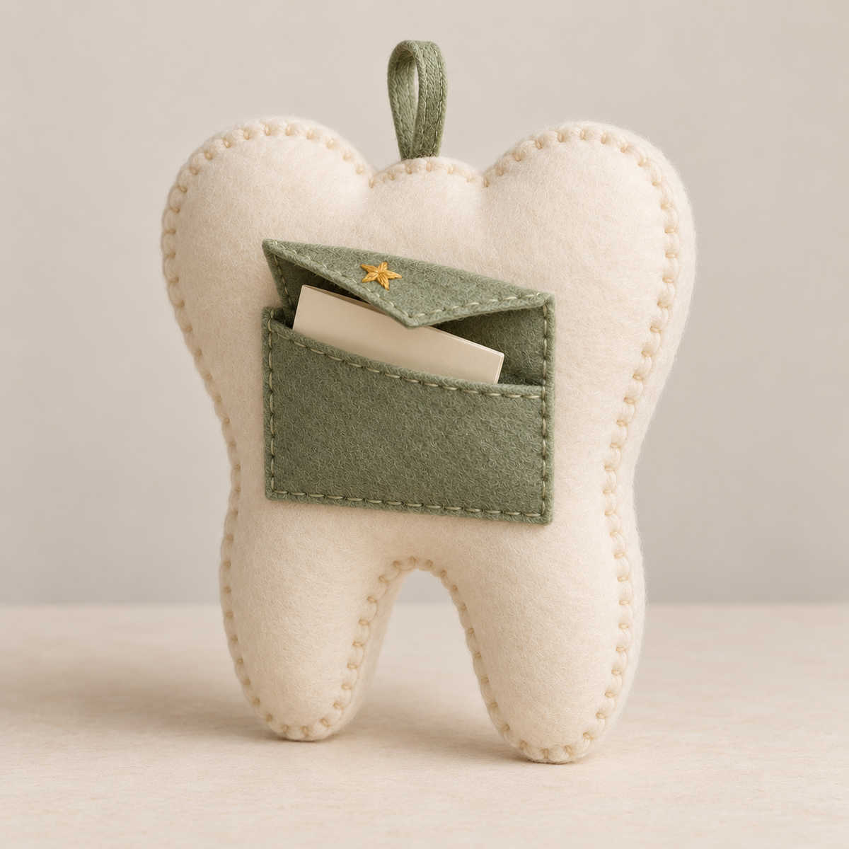 Angled view of the tooth fairy keepsake pillow with its envelope pocket open and a folded note inside