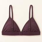AI concept rear view of plum triangle bralette with adjustable straps and a back hook-and-eye closure