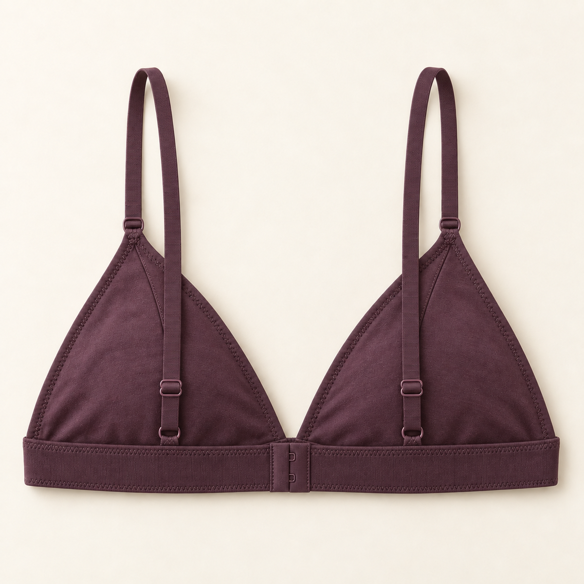 AI concept rear view of plum triangle bralette with adjustable straps and a back hook-and-eye closure