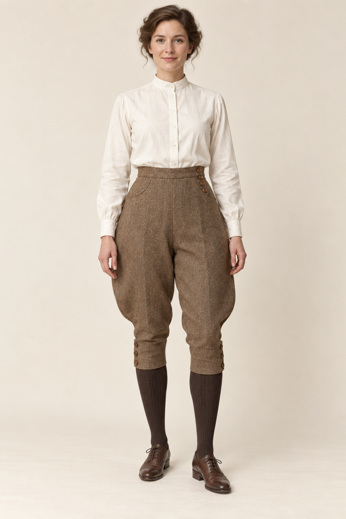 AI design concept: riding view A breeches in brown herringbone with full thighs and buttoned calf sections, front.