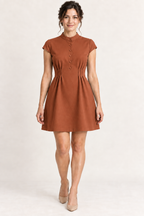 AI design preview: copper version of the same band-collar waist-pleated mini dress