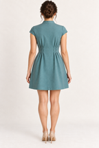 AI design preview: back of teal mini dress with a center seam and three released waist pleats on each side, without a waist seam