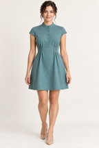 AI design preview: muted teal band-collar mini dress with a half placket, cap sleeves and narrow released waist pleats