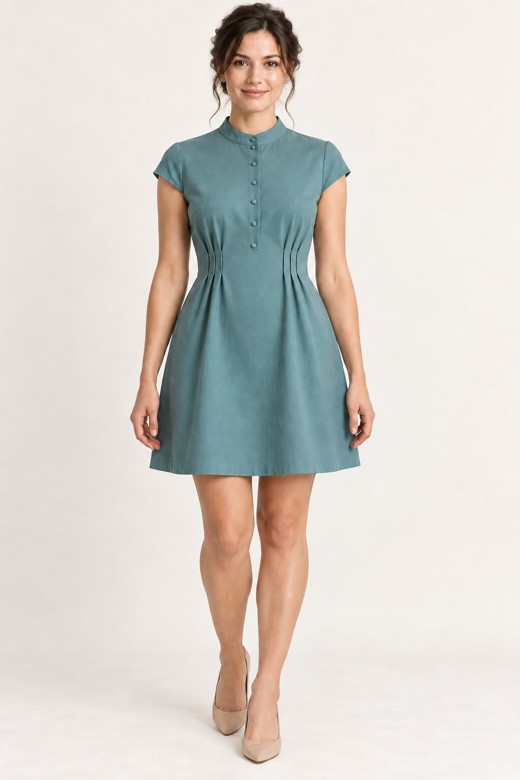 AI design preview: muted teal band-collar mini dress with a half placket, cap sleeves and narrow released waist pleats