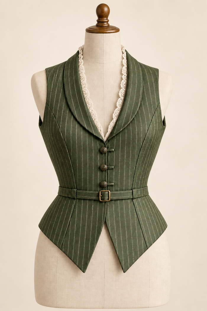 AI preview of the 1913-inspired green pinstripe waistcoat view with rounded collar and slim belt