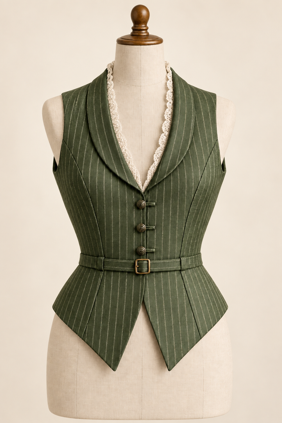 AI preview of the 1913-inspired green pinstripe waistcoat view with rounded collar and slim belt