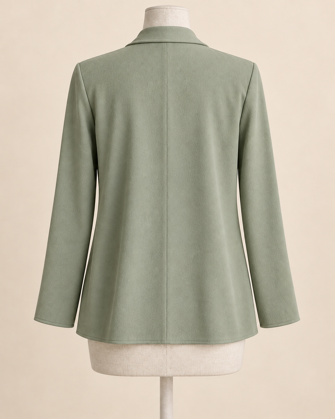 AI concept back view of sage waterfall jacket with center seam and straight hip-length hem.