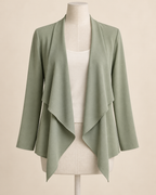 AI concept front view of sage waterfall jacket with long sleeves and open cascading front.